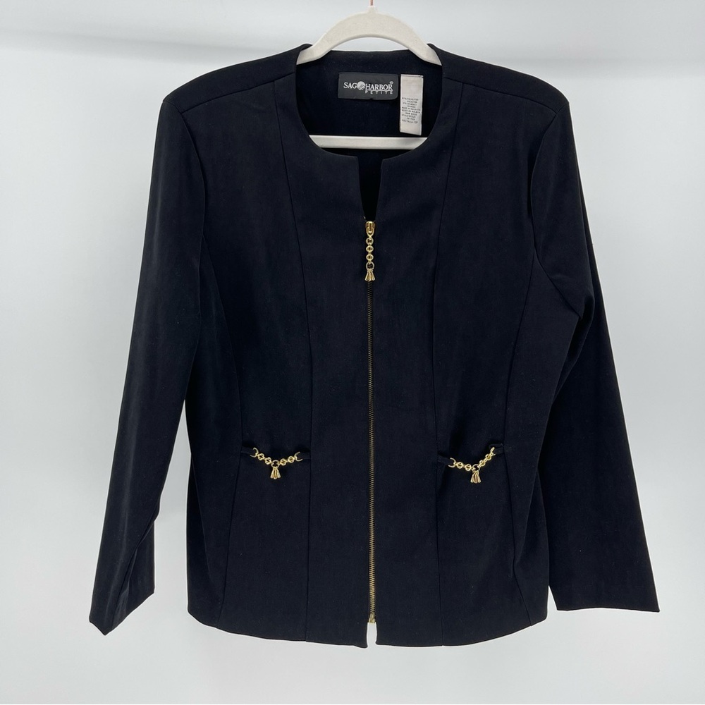 Vintage 90s Sag Harbor Black Zip Front Blazer with Gold Accents, Women's 10P